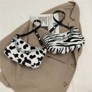 Animal Pattern Plush Bag Cow Leopard Zebra Chain Shoulder Bag with Zipper Closure 23cm x 12cm x 6cm