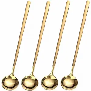 4-Piece Set Of 6.7inch (Approximately 16.9cm ) Coffee/Tea Spoons With Long Handles, Gold Color, Coffee Tea Accessories, Suitable For Iced Tea And Espresso, Stainless Steel Long Spoons For Stirring, Utensils