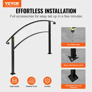 VEVOR 4-Step Handrail Fits 1 or 4 Steps Matte Black Stair Rail Wrought Iron Handrail with Installation Kit Hand Rails for Outdoor Steps
