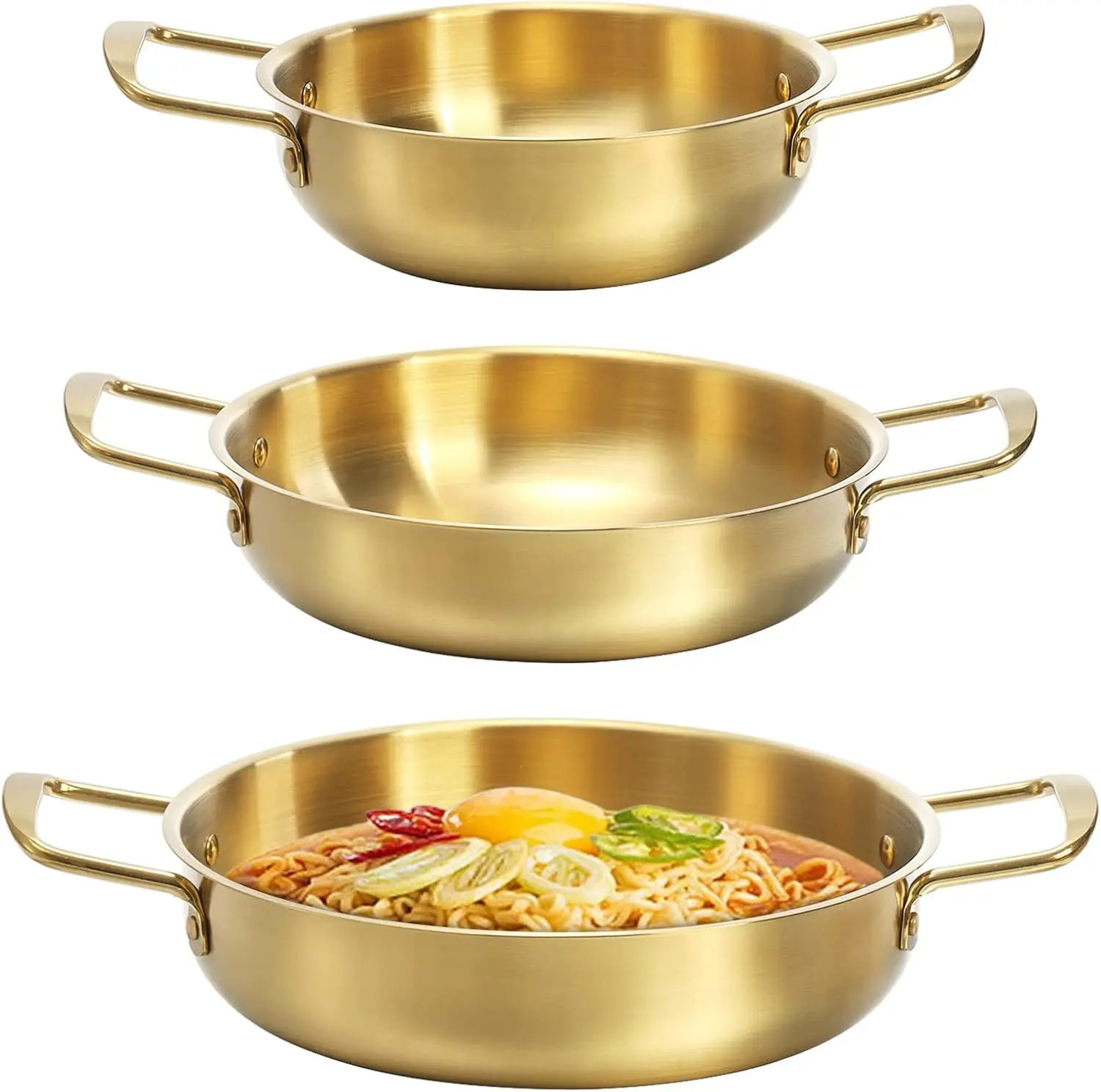Gold Stainless Steel 3-Piece Pots and Pans Set - Varied Sizes (18/20/22cm) Stovetop Cookware with Double-Handle Korean Ramen Noodle Pot, for Home Soup Use, Dishwasher Safe, Home Cooking