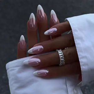White French Tips Aurora Press on Nails Medium Almond Electroplated Fake Nails Nude Metallic Chrome False Nails Luxurious Metal Mirror Acrylic Stick on for Women Girls Manicure Decoration 24Pcs