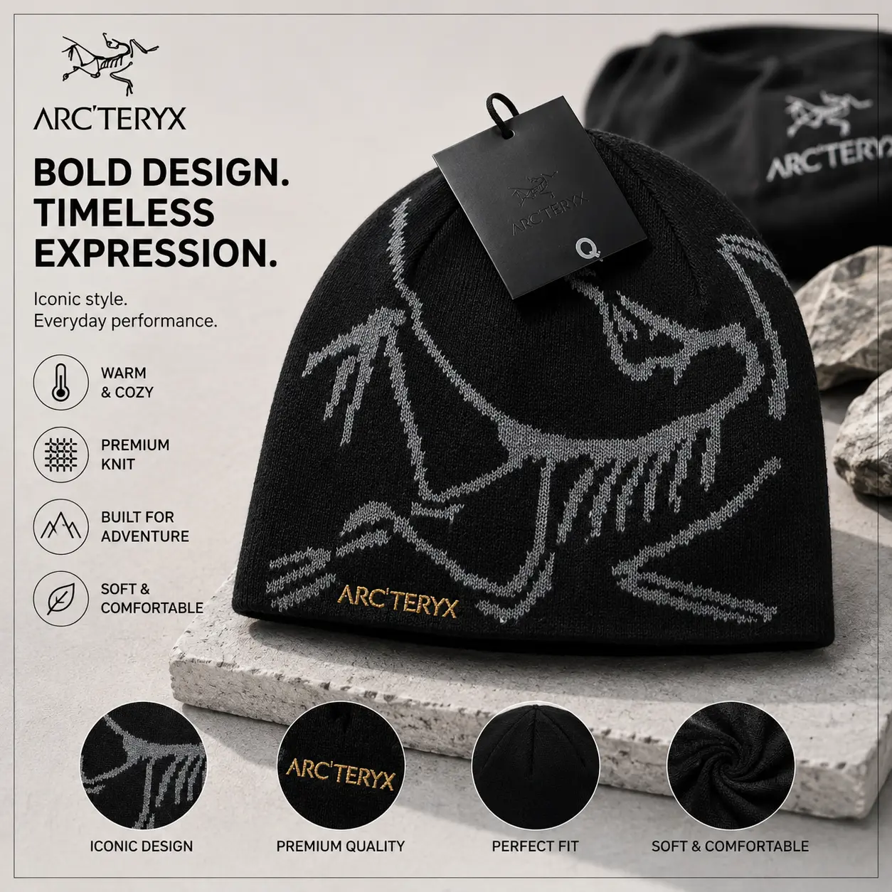 Arc'teryx Winter Knit Beanie for Men Women, Premium Warm Skull Cap with Iconic Bird Graphic, Soft Comfortable Stretch Hat for Cold Weather, Skiing, Snowboarding, Hiking, Camping, Outdoor Adventure, Travel & Casual Streetwear
