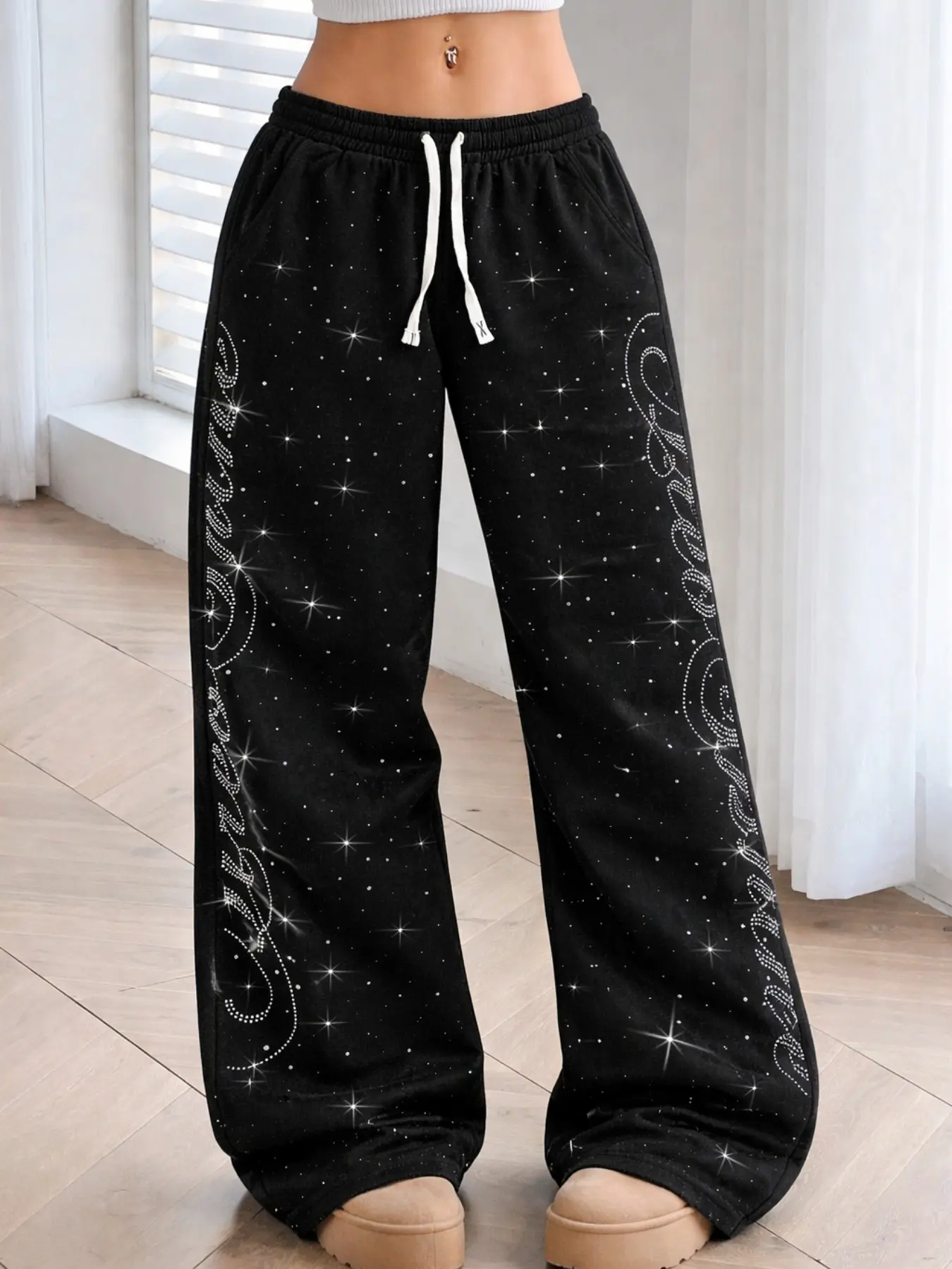 Unisex Rhinestone Straight Loose Fit Pants, Perfect for Dates, Holidays, Parties, Hollow Out Design, Gothic Streetwear, Casual, Daily Gatherings, Camping
