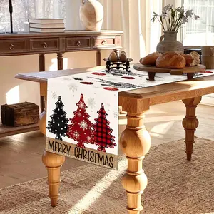Christmas Table Runner Watercolor Tree Design, Holiday Linen Dining Room Decor, Indoor Outdoor Use Christmas Decoration