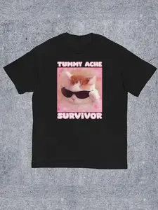 Unisex's Animal Cat & Letter Print Round Neck Tee, Fashion Casual Streetwear Crew Neck T-shirt for Daily Holiday Vacation Outdoor Wear, Unisex's Clothes for All Seasons