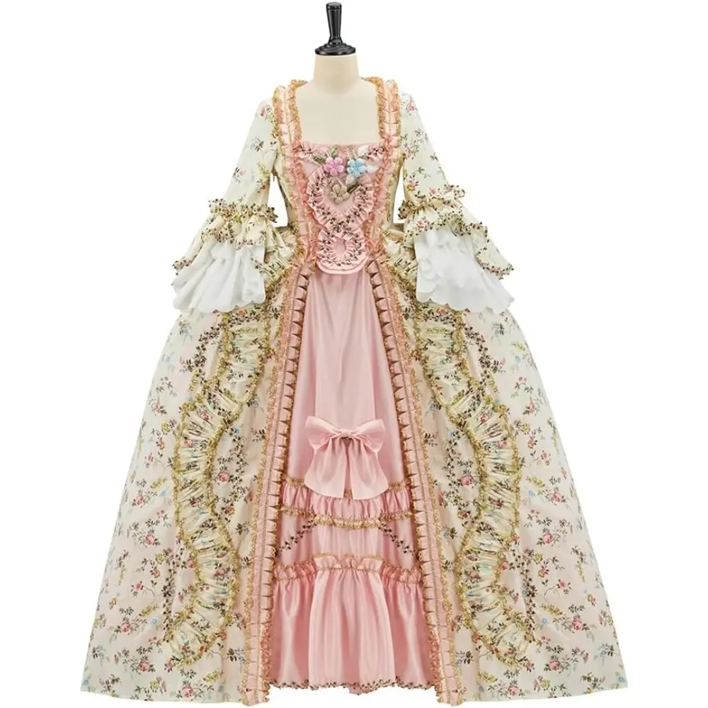 Women's Formal French Court Gown - Marie Antoinette Inspired Victorian Cosplay Dress, Long Sleeve, Lace Fabric, Aesthetics-Focused, Hip-Flattering Fashion Design, Formal Wear, Elegance, Ruffled, Costume, Piece, Clothes, Skirt, Lady, Polyester, Ruffled Sle