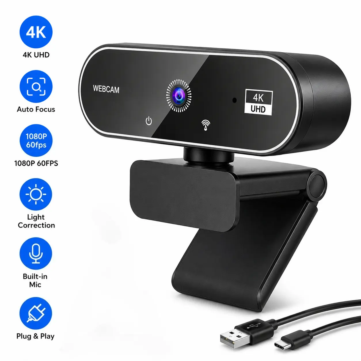 4K UHD USB Webcam with Auto Focus, 1080P 60FPS HD Video, Built-in Microphone, Automatic Light Correction, Plug & Play Camera for PC, Mac, Laptop, Meetings, Streaming & Gaming
