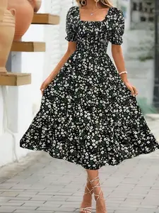 Women's Floral Puff Sleeve Mini Dress - Waist Tie Maxi Dress Outfit