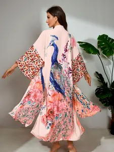 Women's Loose Woven Kimono Cardigan with Waist Belt, Peacock & Floral Print, Casual Summer Beachwear, Ladies Half Sleeve Bathrobe Style Top