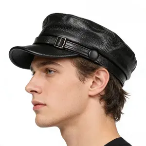 Genuine leather flat soldier hat |   Leather fitting, buckle closure, black/brown, lightweight, solid color, suitable for Easter, Father's Day, Thanksgiving