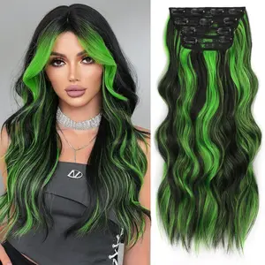 CHAOEE Clip in Hair Extensions for Women, Black Mix Green Colorful Long Wavy Hair Extensions Clip Ins 4Pcs 20 Inch SyntheticSoft and Natural Thick Hair Pieces for Women DailyParty Use