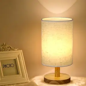 DIY Creative Table Lamp, Simple Bedside Light with Round Fabric Linen Shade, Study Reading Lamp for Kids Room, Living Room, Dormitory