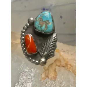 Navajo ring size 5.25 signed L Platero turquoise coral sterling silver women
