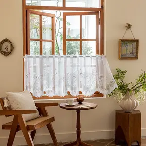 American Style Coffee Curtain Door Cover Kitchen Short Lace Curtains, Garden Floral Leaf Design, Privacy Screen for Cabinets