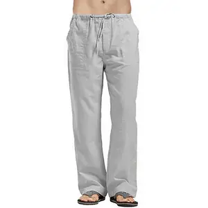 Men's Cotton Linen Pants Elastic Waistband Drawstring Casual Comfort Trousers