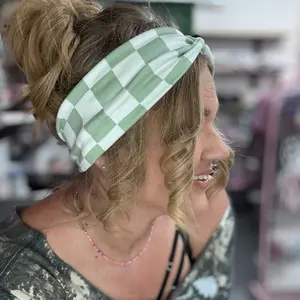 Buttery Soft Sage And White Checker Front Knot Headband | Stretchy Legging Material Hair Band