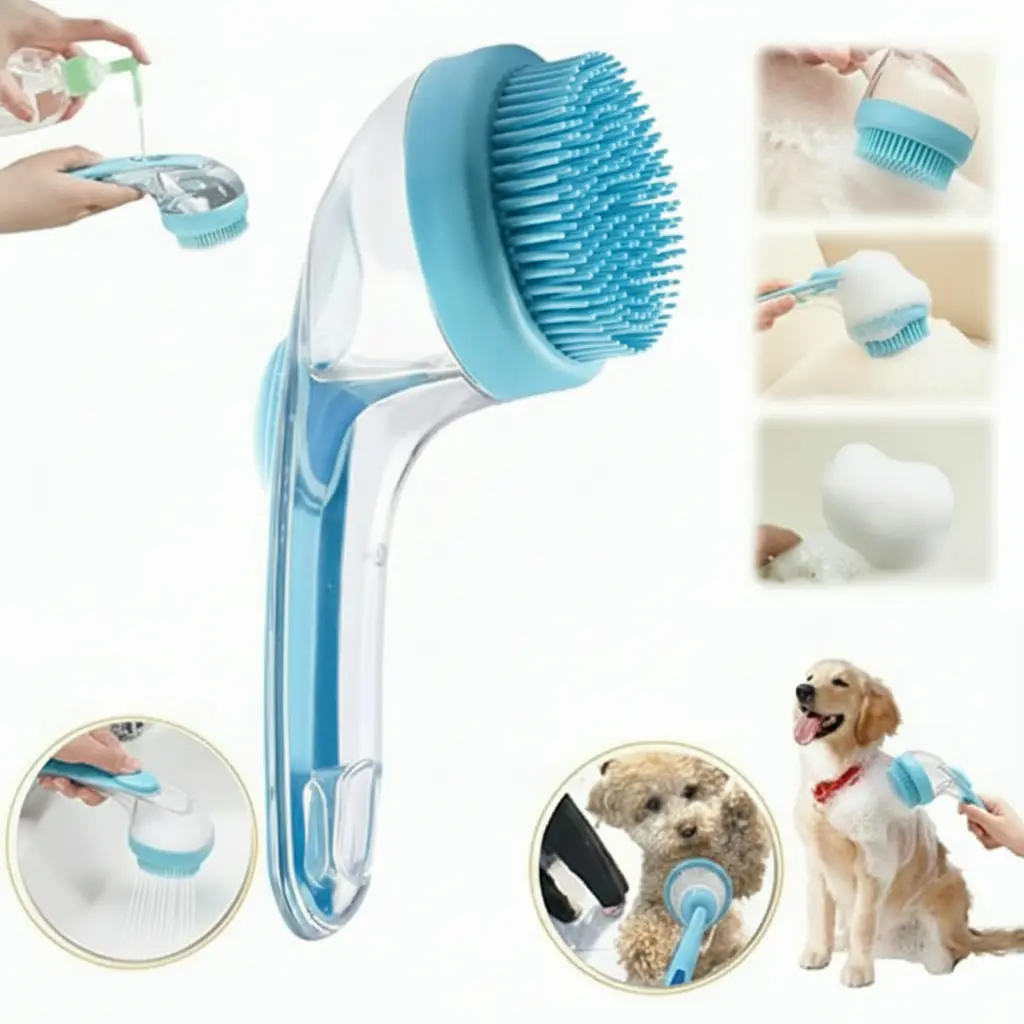 2026 New 2-in-1 Pet Bath & Grooming Deshedding Brush with Built-in Soap Dispenser, 8in*3in*4in, Gentle Massage Tool for Dogs & Cats, Boosts Beauty/Hair Care, Improves Bathing Experience, Promotes Blood Circulation