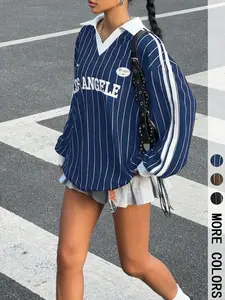 Women's Striped Long Sleeve V Neck Loose Fit Casual Comfortable Top, Spring & Fall Fashion, Moderate Fabric Thickness Kint Style, Womenswear