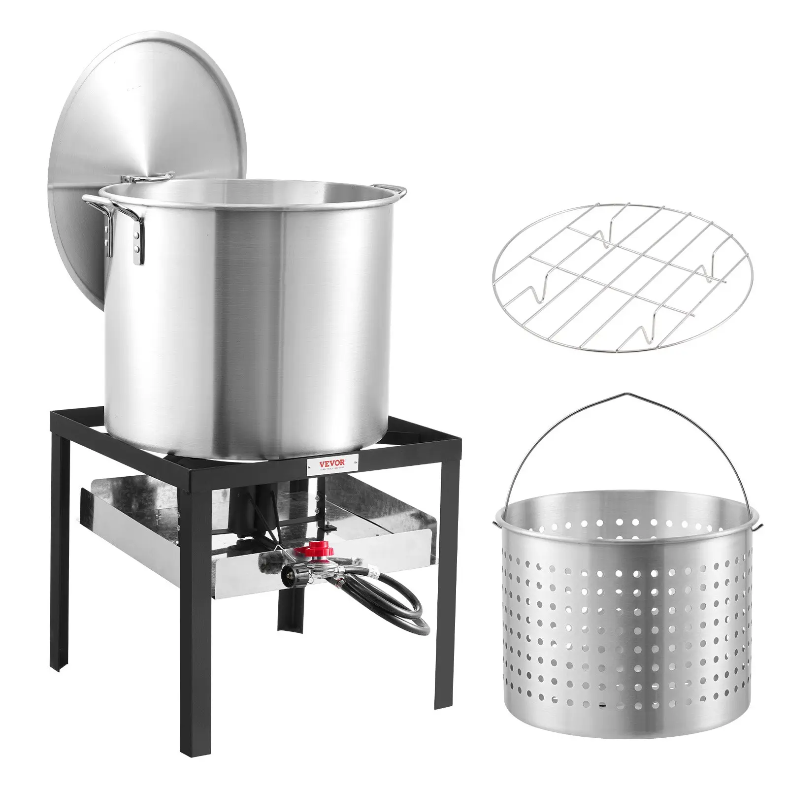 VEVOR 60 Qt Seafood Boiling Kit with Strainer, Outdoor Seafood Boil Pot and Basket, Cooking Set for Crab Crawfish Lobster Boiling, Aluminum Stockpot with 100, 000 BTUs Propane Burner and Steamer Rack