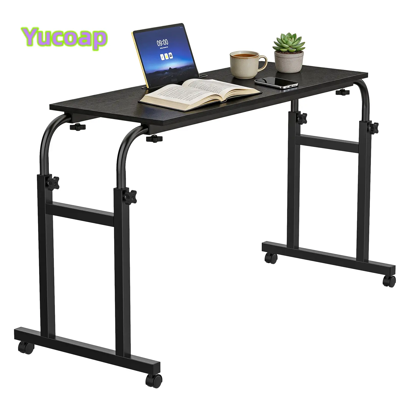 YUCOAP Adjustable Overbed Table with Wheels, Mobile Bedside Table with Tilting Desktop, Adjustable Height and Length for Home, Office and Hospital