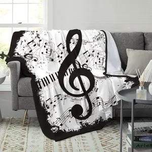 Luxury Flannel Music Note Blanket, Soft Comfortable Modern Polyester Fiber Throw for Bed Sofa Outdoor Travel Gift
