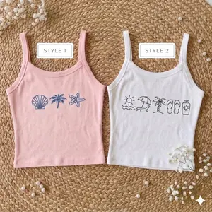 Minimal Beach Icons Embroidered Tank Top, Summer Aesthetic Cami Shirt, Seashell Palm Starfish Embroidery, Cute Vacation Beachwear Embroidered Icon Tank Top