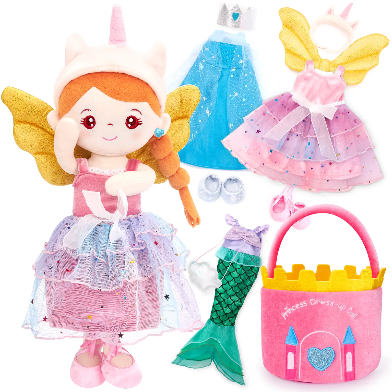hahaland Preschool Dress Up Doll Playsets - Princess Mermaid Unicorns Toys for Girls Age 4-6, Plush Doll with 3 Outfits and Carry Bag, Fairy Ballerina Toys 4 Year Old Girl Birthday Gifts Doll Bed Doll Seat