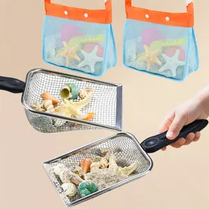 2 PCS Beach Mesh Shovel Sand Sifters + 2 PCS Mesh Beach Bag – Shark Tooth Sifter for Shell Collecting, Sand Scooper Tool for Boys & Girls