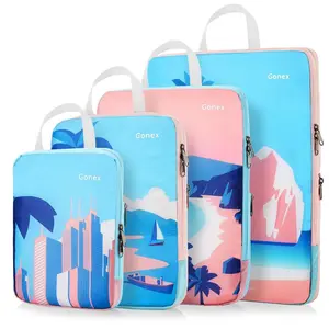 Gonex Beach Compression Packing Cubes Durable Expandable Storage Bags for Travel Essentials Expanding Set with Palm Tree & Cityscape Designs Portable Waterproof Organizer