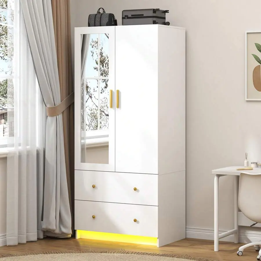 Double Wardrobe Closet with 2 Doors, Built-in Mirror & LED Lights, 4-Compartment Design Bedroom Armoire with Adjustable Shelves, Drawer Compartments & Hanging Rod, 4-Compartment Design Wardrobes, Adjustable Shelves Wardrobes