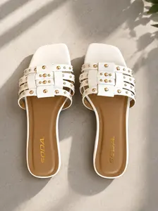 Women's Elegant Luxury Gold Stud Square Toe Sandals - Formal & Casual Shoe, Daily Wear Footwear