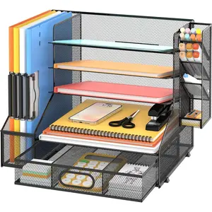 Mesh Desk Organizer, 5-Tier Paper Letter Tray with File Holder & Pen Holder & Sliding Drawer, Desktop Organizer and Storage for Desk Accessories Office Supplies, Black
