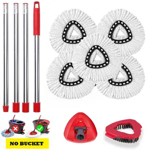 30-58" Mop Handle Spin Mop Replacement Head Set Compatible with O Cedar EasyWring 1 Tank Microfiber, , Upgraded Triangle Mop Base and Scrub Brush Combo Set, without bucket