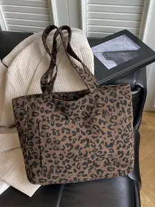 Large Capacity Leopard Print Corduroy Casual Tote Bag, Handheld & Shoulder Strap, Ideal for Daily Use, Office, Commuting