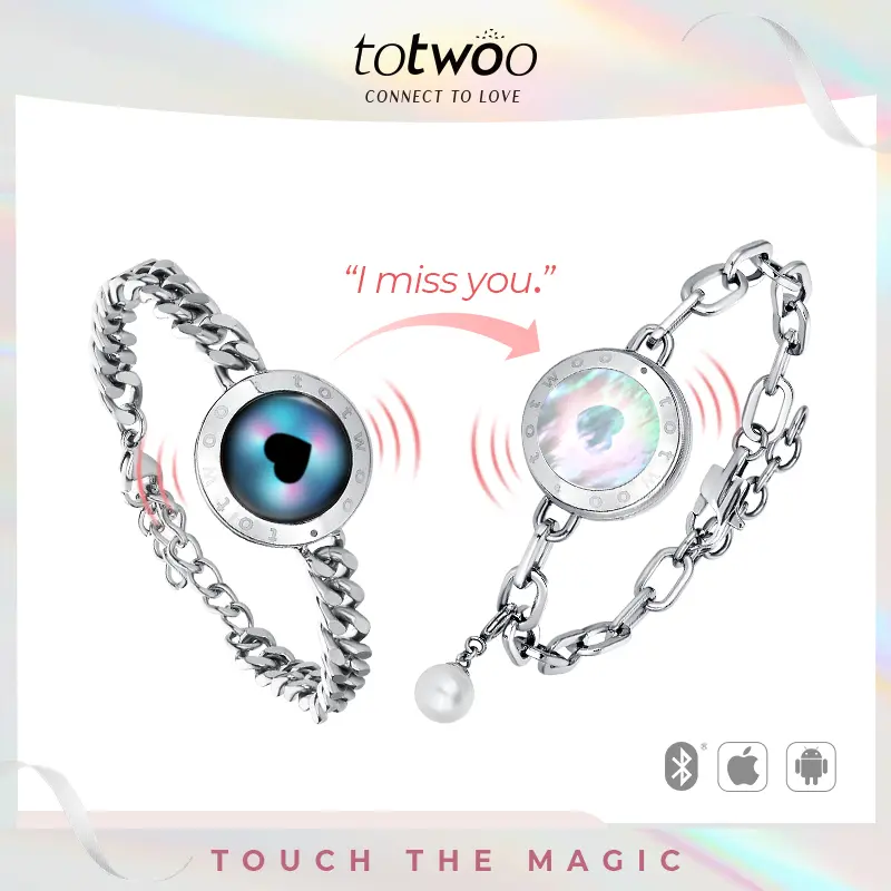 totwoo Long-Distance Touch Bracelets for Couples, Fashionable Sun and Moon Unisex Wear Set with Zirconium Stone, App-Connected for Daily Emotion
