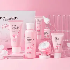 Cherry Blossom Skincare Set, Moisturizing Set, Deep Cleanser, Toner, Brightening Serum, Eye Cream, Moisturizer, Sunscreen, Daily Care Essentials, Perfect Mother's Day Gift