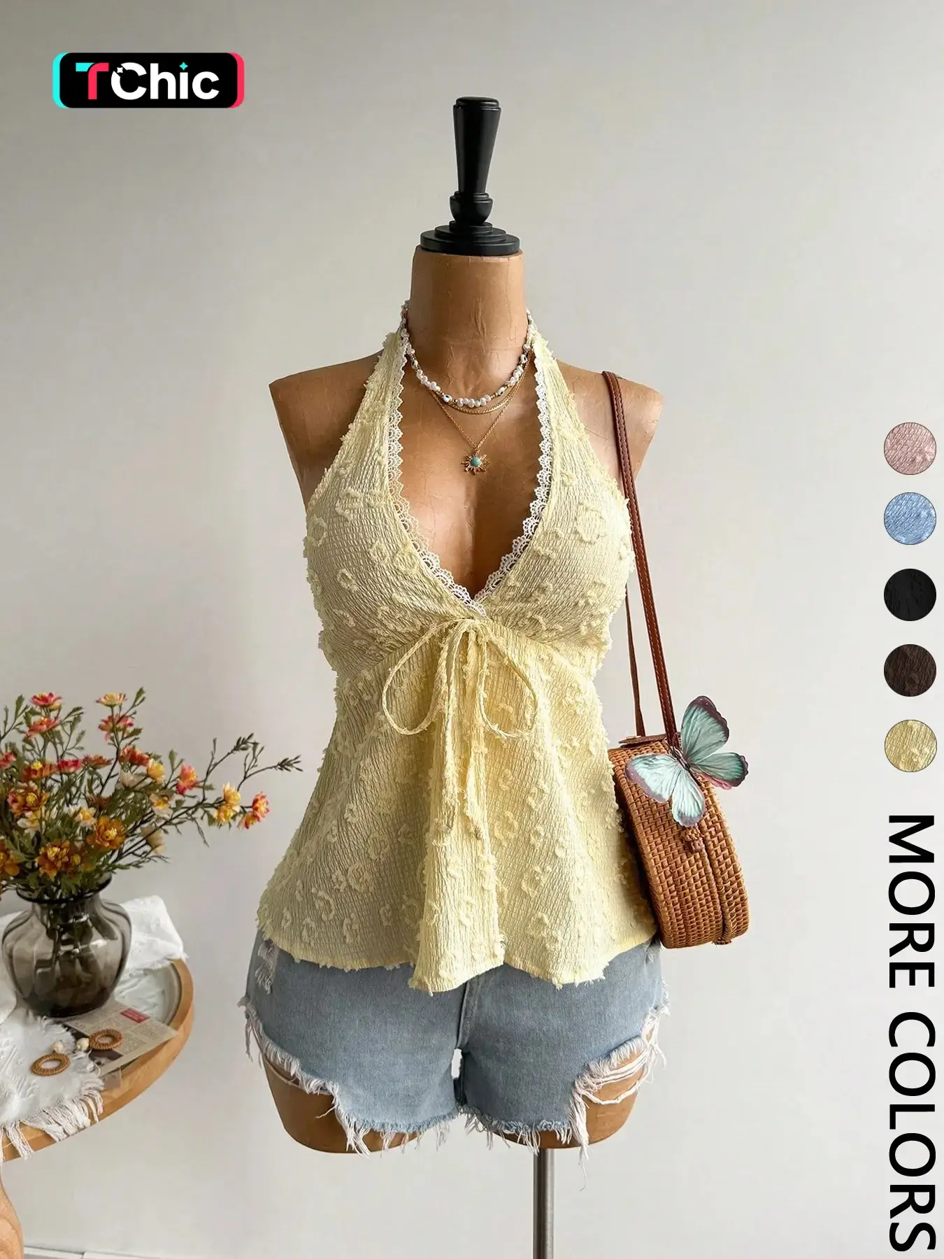 1 Piece Bohemian Style Fitted Backless Halter Top, Lightweight, Aesthetic, Elegance, Perfect for Parties, Beach Trips, Music Festivals and Tropical Vacations