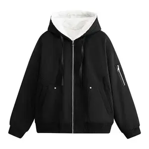 Women's Black Faux Shearling Coat with Hooded Jacket Lined - Warm Zip Up Winter Coats (With Workwear Pockets)