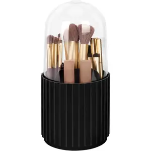 Makeup Brush Holder Organizer with Lid, 360  Rotatable Spinning  Holder Display for Bathroom Vanity Countertop, Black