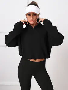 Women's Balck Fall Winter Half-Zip Fleece Pullover Jacket, Sports Outerwear, Drawstring Hem, High Neck, Casual Streetwear, Running, Outdoor Sports