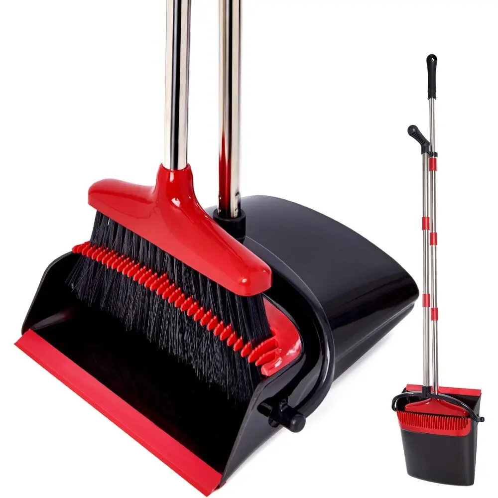 Dust Removal Broom & Dustpan Set (1-Pack, Black & Red) - 55.3 In Adjustable Stainless Steel Long Handle, Stand-Up Design, Anti-Rubbish Falling, Quick Hair Cleanup, Lightweight, Easy Assembly for Adults, Old Man, Home Use