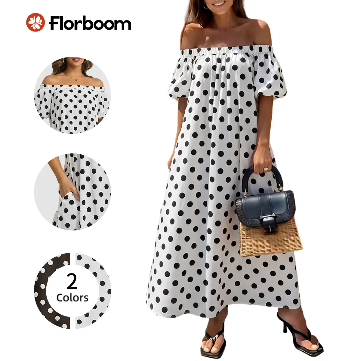 Florboom Women's Off Shoulder  Short-Sleeve Polka Dot Maxi Dress, Summer Causual Dress with Pockets for Vacation, Parties, and Beach,Summervibes