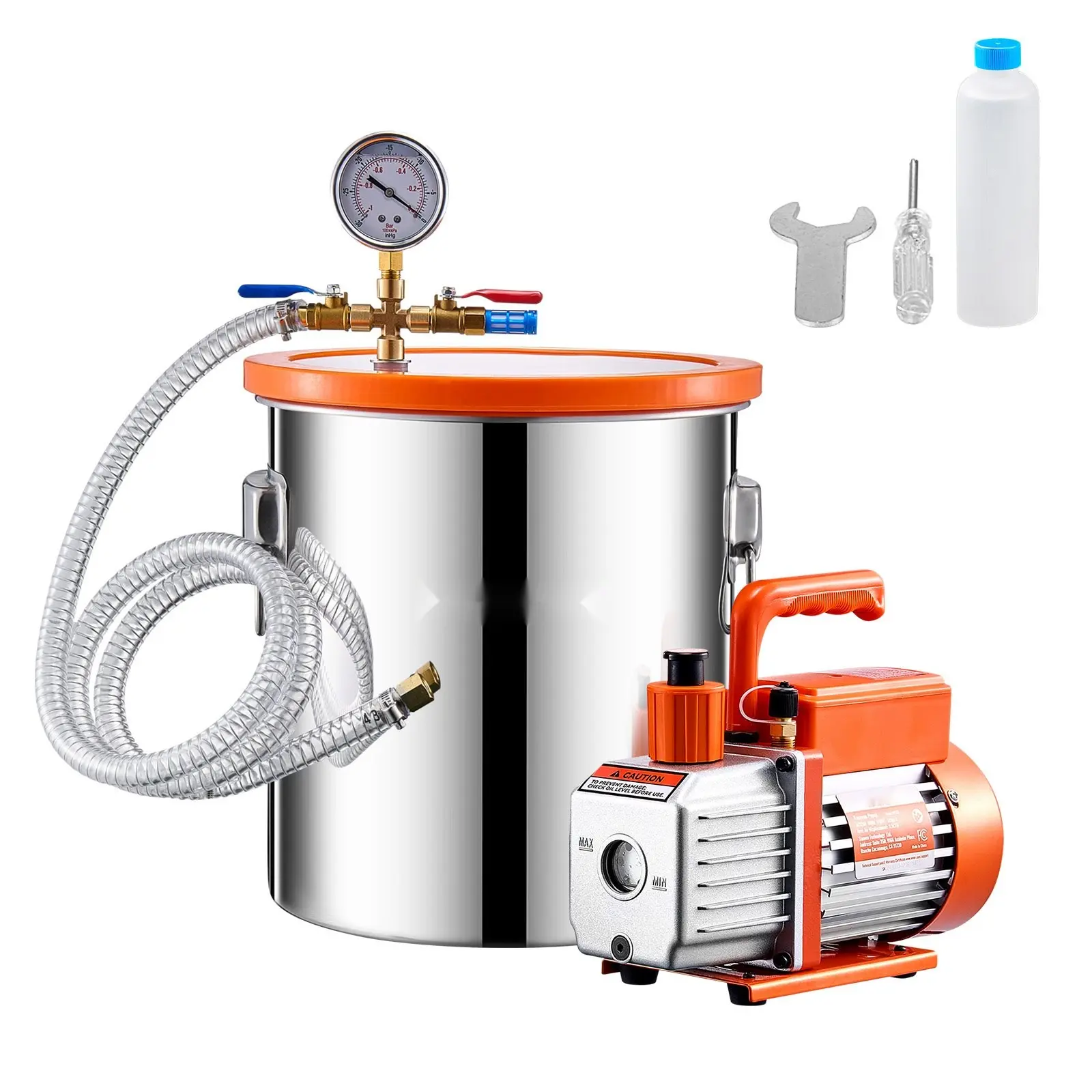 5 Gallon Vacuum Chamber Degassing Kit With 3.5 CFM Single Stage Pump, Complete Vacuum System For Resin, Vacuum Pouring, Degasifying Air And Gases, Includes Stainless Steel Chamber, Accessories, Gauge, Valves, And Fittings