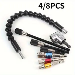 8Pcs A Set 105 Degree Right Angle Drill And Flexible Angle Extension Bit Kit For Drill Screwdriver, 1/4" Socket Adapter Tool And Magnetic Extended Connecting Rd