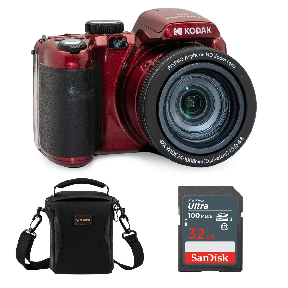Kodak PIXPRO AZ425 Astro Zoom Point & Shoot Digital Camera - 20MP, Full HD, Lens, LCD, Red Bundle with 32GB Memory Card and Camera Bag, Equipment