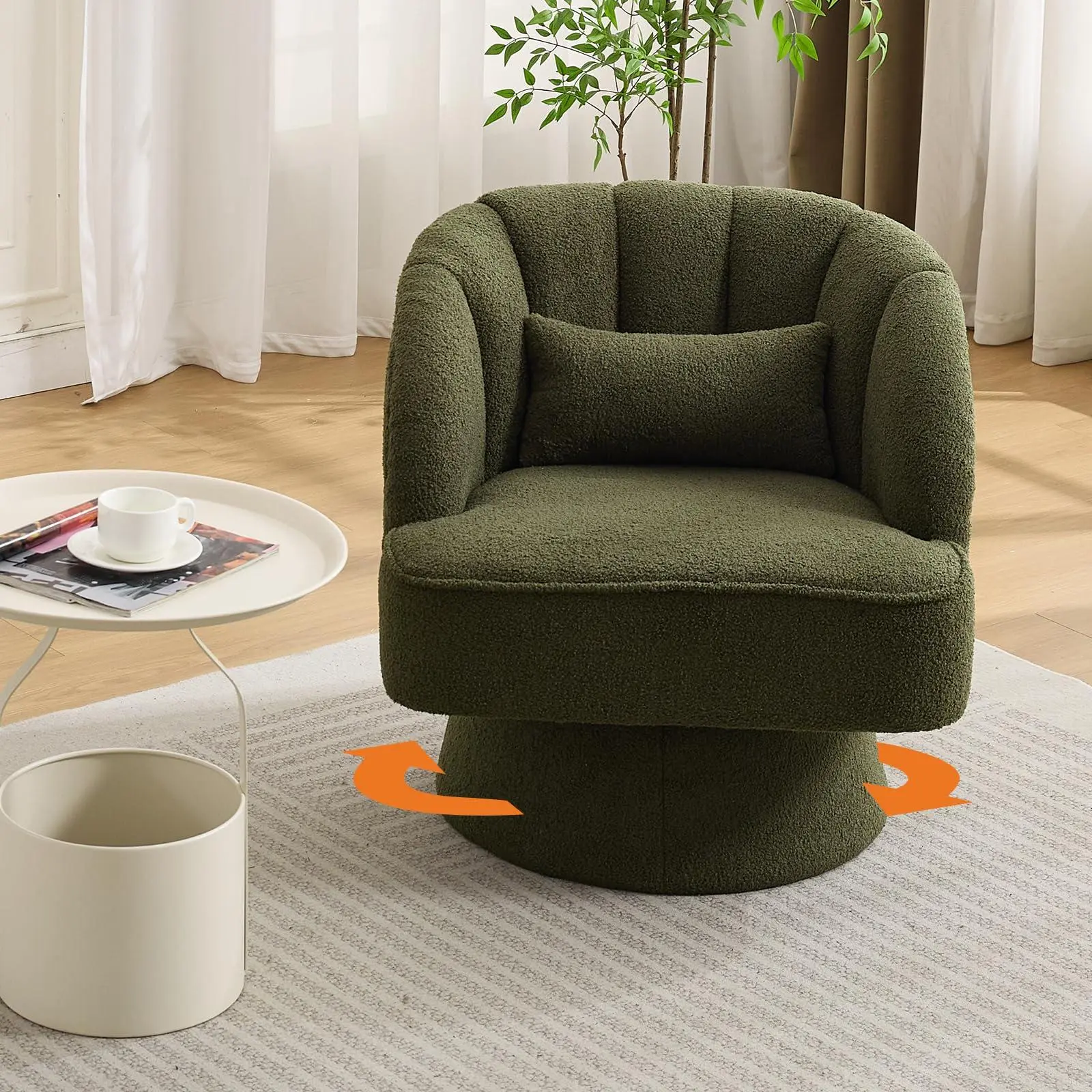 Gaomon Mid-Century Teddy Velvet 360° Swivel Barrel Accent Chair - Upholstered Arms, Striped Backrest, Plush Padding, Durable Seating, Stable Single Lounge for Living Room, Nursery Decor, Swivel Chairs