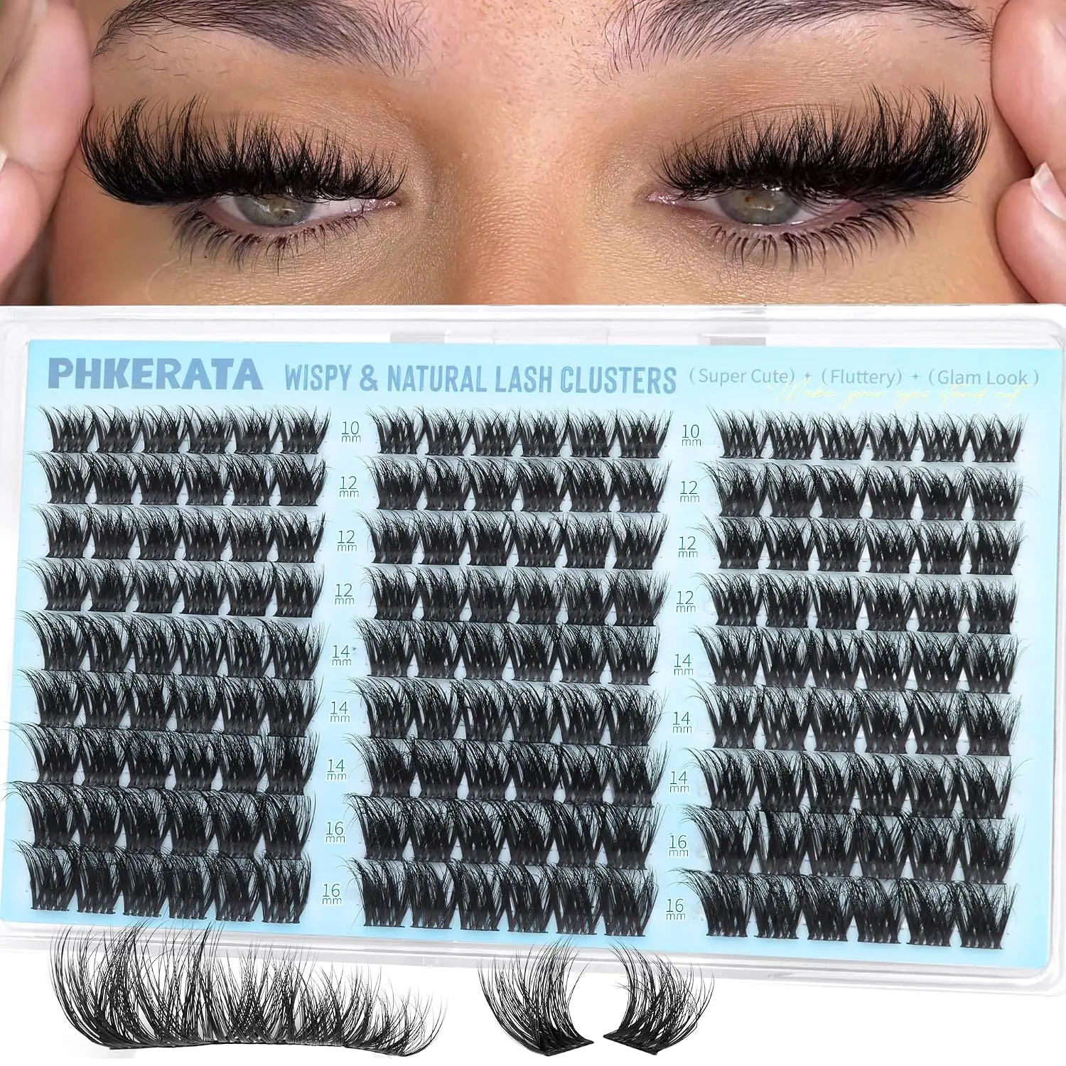 PHKERATA Fluffy Lash Clusters Wispy Eyelash Clusters Natural C Curl | Cluster Eyelash Extensions Volume Individual Lashes DIY Eyelash Extension with Soft Thin Band, 10-16mm