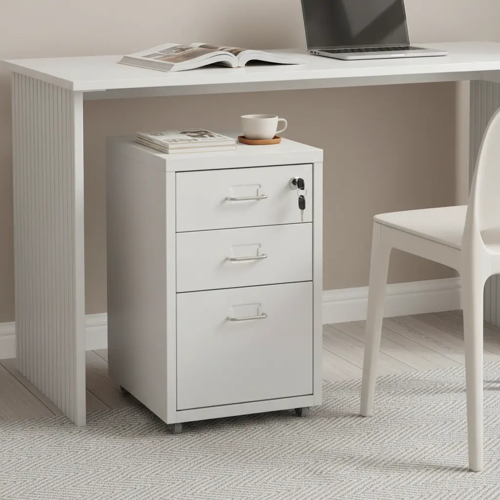 Lockable Modern White 3-Drawer Cold Rolled Steel File Cabinet with Wheels - Key Lock Office Furniture, Racks & Shelves Organization Solution (Requires Assembly for Office Storage), Key Lock Cabinets, Racks & Shelves
