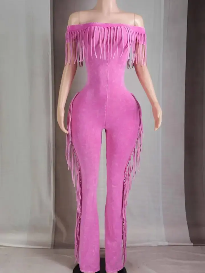 Pink Mineral Wash Fringe Off Shoulder Jumpsuit Pink Mineral Wash Fringe Off Shoulder Jumpsuit