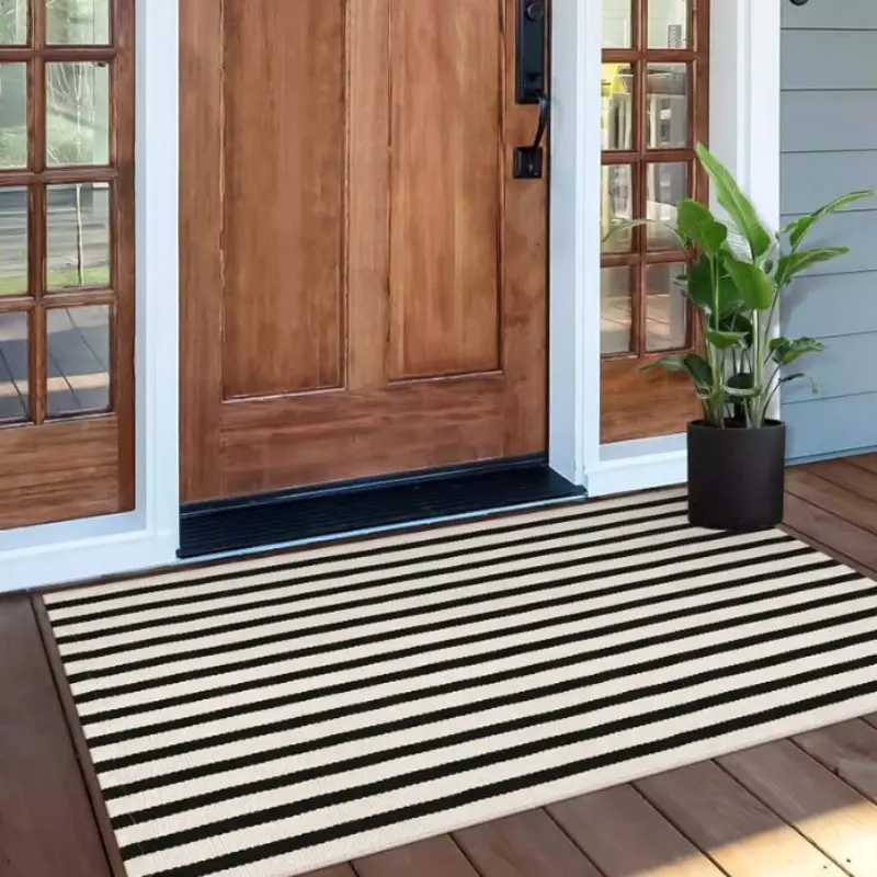 Machine Washable Welcome Mat - Black & White Striped Polyester Fiber Doormat, Entrance Door Mat for Indoor/Outdoor Use, Suitable for Entryway, Kitchen, Balcony, Garden & Multi-Room Decor, Home Decor Rug, Decorative Rug